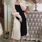 Set: Long-sleeve Blouse + Sleeveless Pleated Midi Dress Almond & Black - One Size