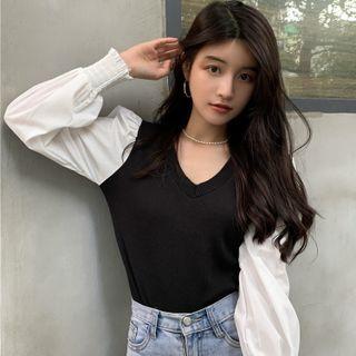 Puff-sleeve V-neck Knit Panel Top Black & White - One Size