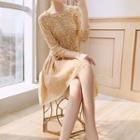 3/4-sleeve Lace Beaded A-line Mini Dress