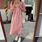 Short-sleeve Loose-fit Flower Trim Medium Long Dress Pink - One Size