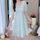 Short-sleeve Lace Trim Floral Midi Dress
