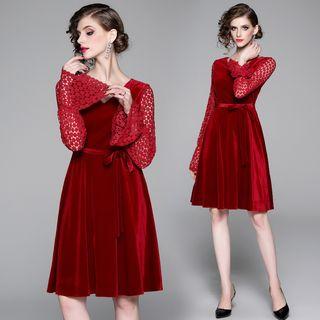 Lace-sleeve A-line Velvet Dress