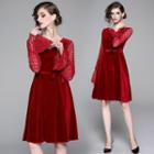 Lace-sleeve A-line Velvet Dress