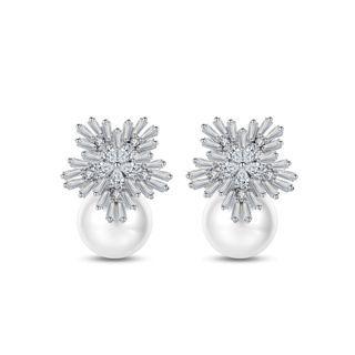 Elegant And Bright Snowflake Imitation Pearl Stud Earrings With Cubic Zirconia Silver - One Size