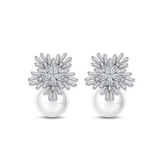 Elegant And Bright Snowflake Imitation Pearl Stud Earrings With Cubic Zirconia Silver - One Size