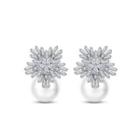 Elegant And Bright Snowflake Imitation Pearl Stud Earrings With Cubic Zirconia Silver - One Size