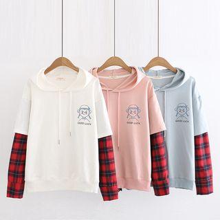 Long-sleeve Check Panel Hooded Top