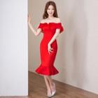Off Shoulder Ruffle Hem Sheath Cocktail Dress
