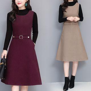 Set: Long-sleeve Plain Top + Sleeveless A-line Dress