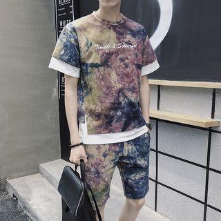 Set: Mock Two-piece Printed Short-sleeve T-shirt + Drawstring Shorts