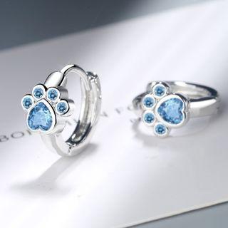 Rhinestone Paw Hoop Earring 1 Pair - Blue Paw - Silver - One Size