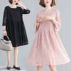 Plain Round-neck 3/4-sleeve Lace Dress
