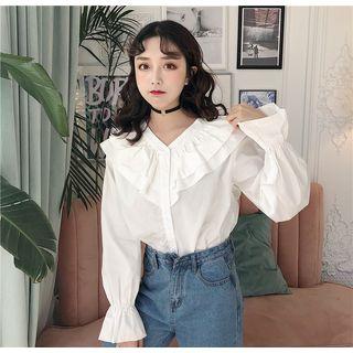 Long-sleeved Bell-sleeve V-neck Frill Blouse