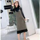 Set: Long-sleeve Top + Plaid Panel Midi Pinafore Dress