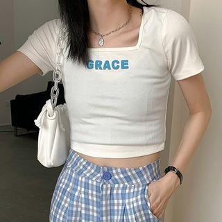 Short-sleeve Lettering Cropped T-shirt Lettering - White - One Size