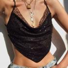 Spaghetti Strap Sequined Lace Crop Top