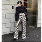 Checkerboard Boot-cut Pants / Plain Mock-neck T-shirt