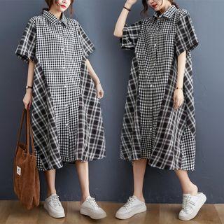 Short-sleeve Plaid Panel Midi Shirtdress