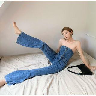 Short-sleeve Plain Slim-fit T-shirt / Sleeveless Slim-fit Denim Flared Tube Jumpsuit