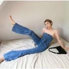 Short-sleeve Plain Slim-fit T-shirt / Sleeveless Slim-fit Denim Flared Tube Jumpsuit