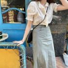 Short-sleeve Lace Blouse / Midi A-line Skirt