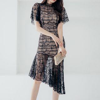 Short-sleeve Lace Asymmetrical A-line Dress