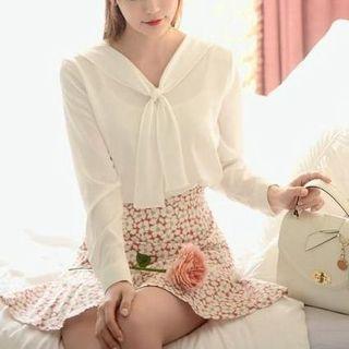 Long-sleeve Bow-accent Chiffon Top