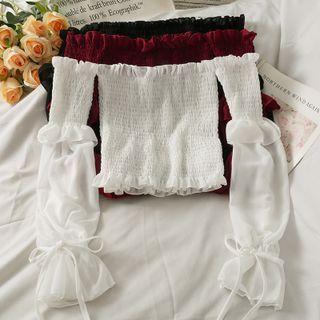 Boatneck Ruffle-trim Smocked Crop Top