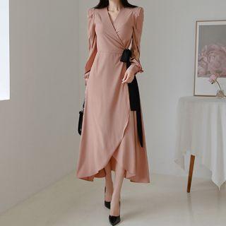 Balloon-sleeve Wrap Midi A-line Dress