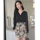 Long-sleeve V-neck Blouse / Mini Printed A-line Skirt