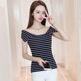 Square Neck Cap Sleeve Striped T-shirt
