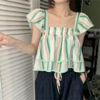 Square Neck Striped Flowy Cropped Blouse Stripe - Green - One Size