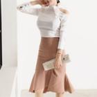 Long-sleeve Cutout-shoulder Top / Ruffle-hem Pencil Skirt