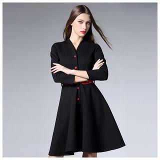 Long-sleeve V-neck Tie Waist Dress