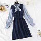 Set: Tie-neck Plain Blouse + A-line Knit Dress