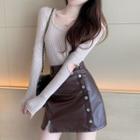 Faux Leather Mini Skirt / Plain Knit Top