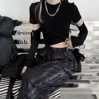 Short-sleeve T-shirt / Drawstring Arm Sleeves / Tie-dyed Wide Leg Pants / Set