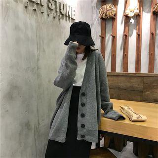 V-neck Long Cardigan / Back Slit Midi Skirt