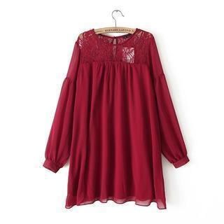 Long-sleeve Lace Panel Chiffon Dress