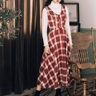 Set: Turtleneck Sweater + Plaid Midi A-line Dress