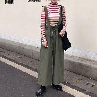 High Neck Cold Shoulder Striped Top / Paperbag Waist Suspender Pants