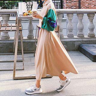 Puff-sleeve Half-zip Midi A-line Dress