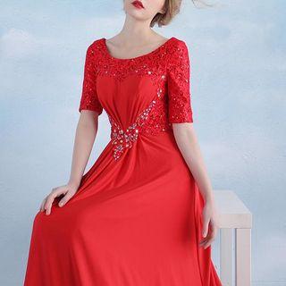 Short-sleeve Rhinestone Evening Gown
