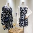 Floral Print Long-sleeve Mini A-line Dress / Spaghetti-strap Dress