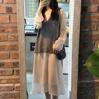 V-neck Knit Vest / Long-sleeve Lace Panel Midi A-line Dress