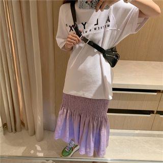 Lettering Print Short-sleeve T-shirt / Frill Mermaid Midi Skirt