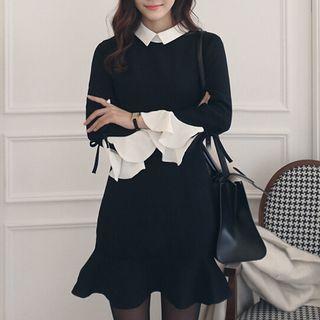 Peter Pan Collar Bell-sleeve Gathered-waist Plain Slim Sheath Dress