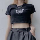 Short-sleeve Butterfly Cropped T-shirt Black - One Size