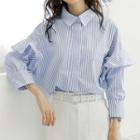 Ruffle-sleeve Pinstriped Shirt Blue - One Size