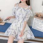 Floral Cold-shoulder Short-sleeve Mini A-line Dress